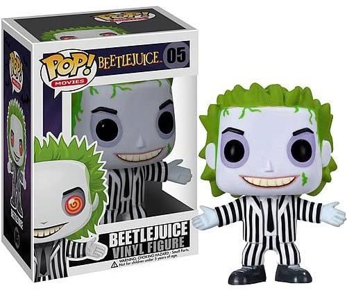 This is a Beetlejuice Funko Pop 05 and he has a black and white striped suit, green hair, black shoes, black eyes and a black tie.