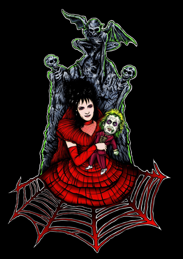 This is a Beetlejuice Lydia Deetz sticker and she is wearing a red dress and holding a small Beetlejuice and is in front of a tombstone.