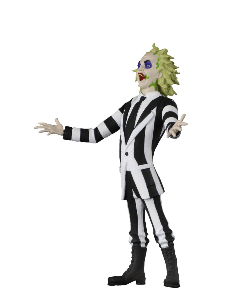 This is the Toony Terrors NECA action figure series 4 Beetlejuice and he has spiked green hair and a striped suit, with black boots.