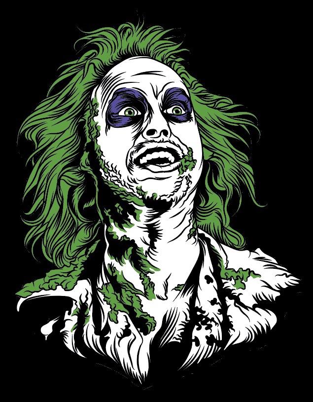 This is a Beetlejuice head sticker and he has green hair, purple eyes and he has green on his face.
