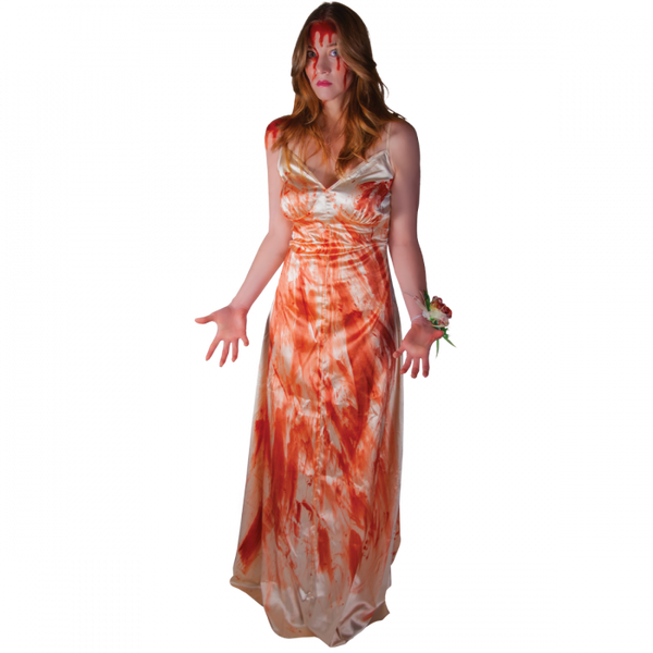 This is a Carrie movie costume and it is a white spaghetti strap dress that has blood all over it. 