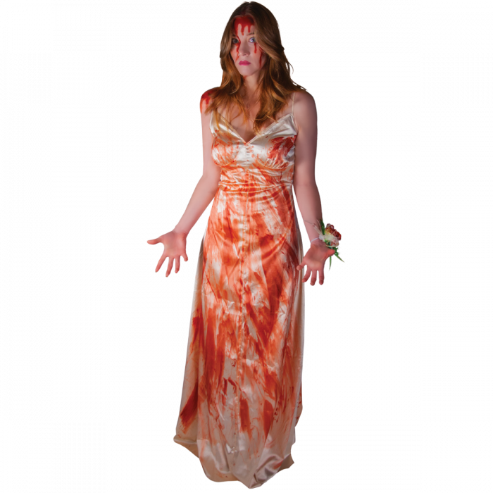 This is a Carrie movie costume and it is a white spaghetti strap dress that has blood all over it. 