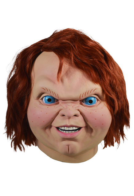 This mask is of Chucky from Child's Play 2 and he has bright blue eyes, orange hair and a butt chin.