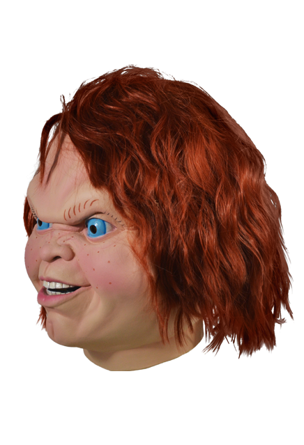 This mask is of Chucky from Child's Play 2 and he has bright blue eyes, long orange hair and a butt chin.