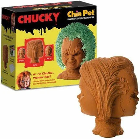 This is a Child's Play Chucky Chia Pet that is brown terracotta with green plant hair on his head. 