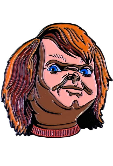 This enamel pin is of Chucky from the movie Child's Play and it is his evil good guys face and orange hair. 