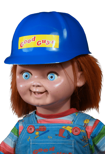 This is a Good Guys Chucky Helmet from Child's Play 2 and is blue with a yellow sticker that says good guys and is on top of his head.
