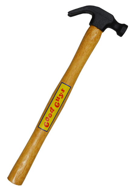 This is Chucky's Good Guy hammer from Child's Play 2 and it has a brown handle that says good guys and a black head.
