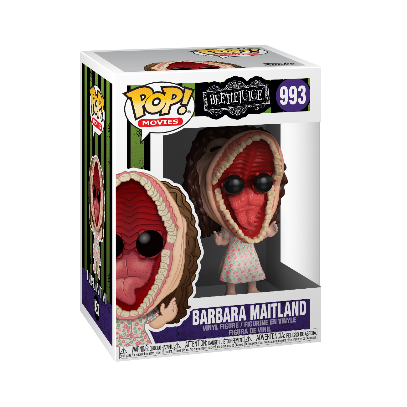 This is a Barbara Maitland Beetlejuice Funko Pop and she has pink shoes, pink dress with flowers, brown hair, black eyes and he mouth is open showing her teeth and tongue in box.