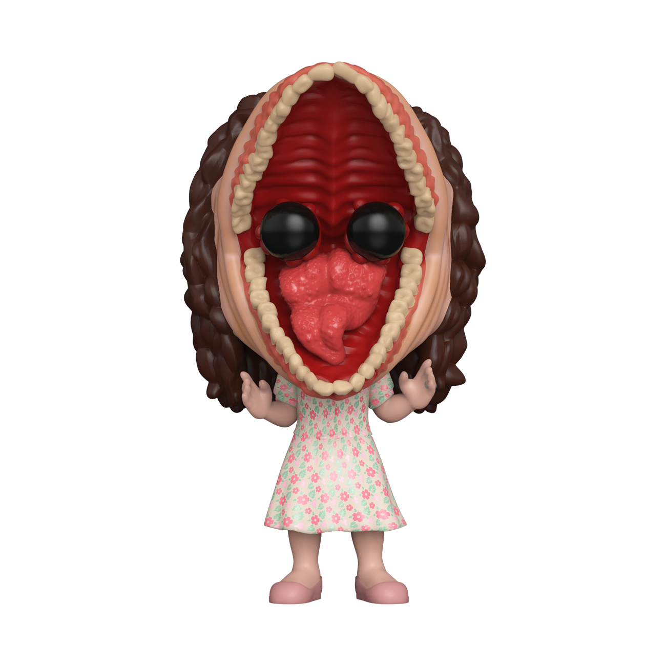 This is a Barbara Maitland Beetlejuice Funko Pop and she has pink shoes, pink dress with flowers, brown hair, black eyes and he mouth is open showing her teeth and tongue.