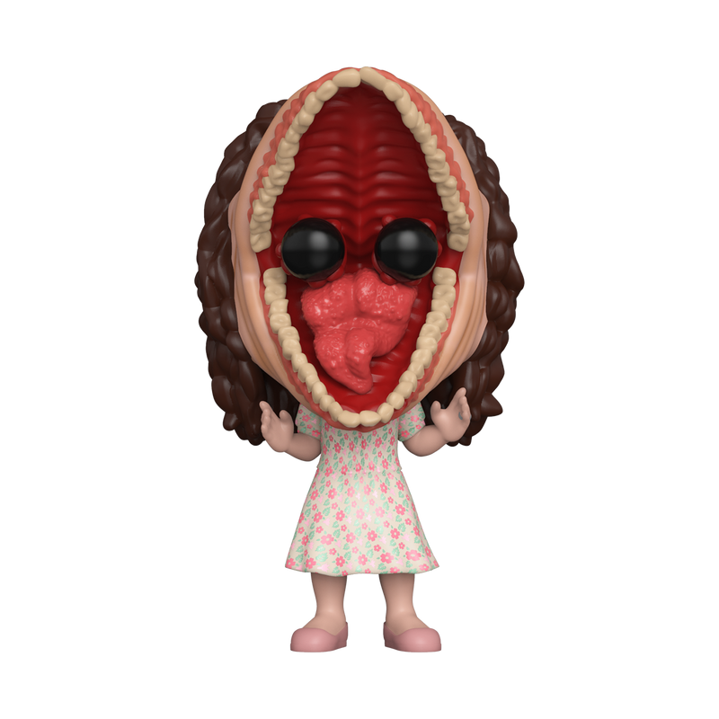 This is a Barbara Maitland Beetlejuice Funko Pop and she has pink shoes, pink dress with flowers, brown hair, black eyes and he mouth is open showing her teeth and tongue.