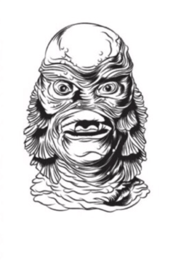 This is a Black and white Universal Monsters Creature From the Black Lagoon sticker and he has gills and scales.
