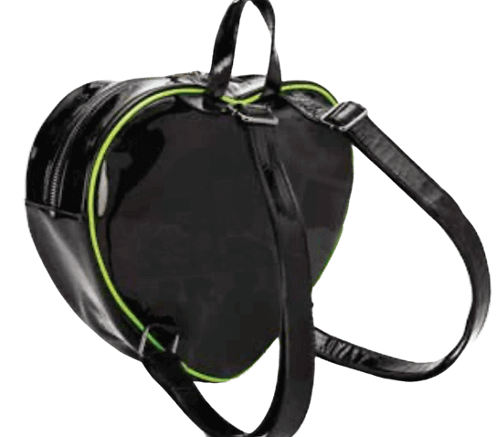 This is a black vegan vinyl purse backpack that is heart shaped and has two straps, a handle and green piping.