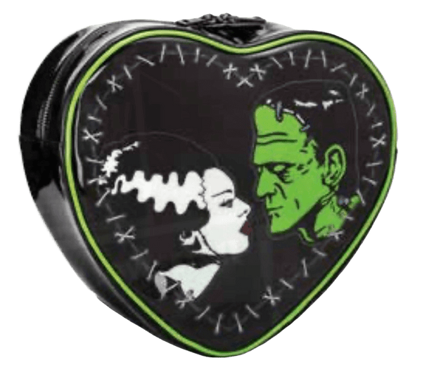 This is a Universal Monsters Bride of Frankenstein heart purse and backpack that is black with white stitches, green piping and has a woman with black hair with a white streak and a green man with stitches and black hair. 