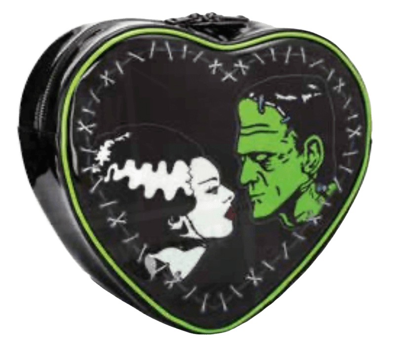 This is a Universal Monsters Bride of Frankenstein heart purse and backpack that is black with white stitches, green piping and has a woman with black hair with a white streak and a green man with stitches and black hair. 