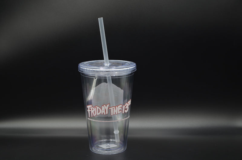 This is a Friday the 13th Camp Crystal Lake cup and straw that has a white font with a red outline.