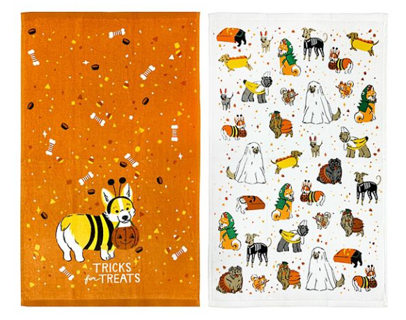 This is a set of 2 kitchen towels and that have dogs in been ghost hot dog, skeleton, dinosaur and pumpkin costumes on them.