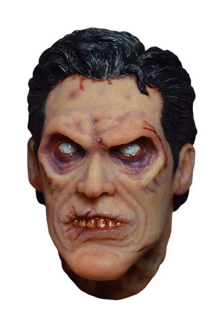 This is an Evil Dead 2 evil Ask magnet and he has black hair, cuts on his face and has no pupils
