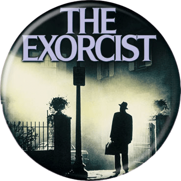 This is an Exorcist movie poster button that has a silhouette of a man with a hat and a lamp post, with an apartment building in the background.
