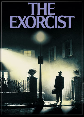 This is an Exorcist movie poster magnet that has a silhouette of a man with a hat and a lamp post, with an apartment building in the background.