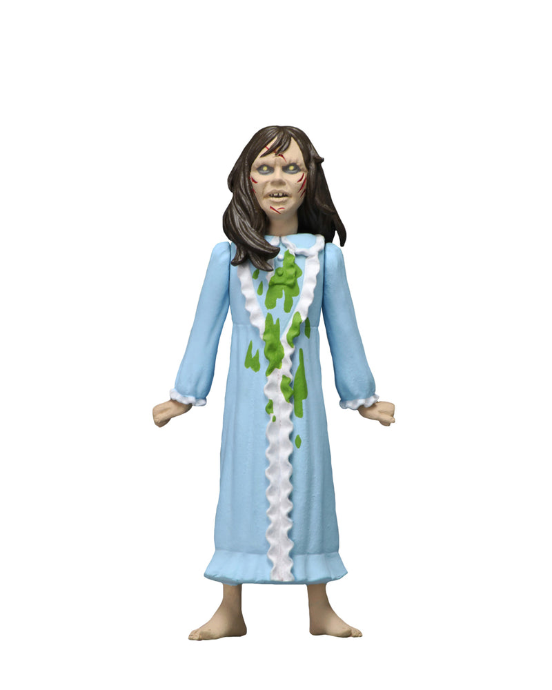 This is the Toony Terrors NECA action figure series 4 Regan from The Exorcist and she has a blue nightgown with green vomit and brown hair.