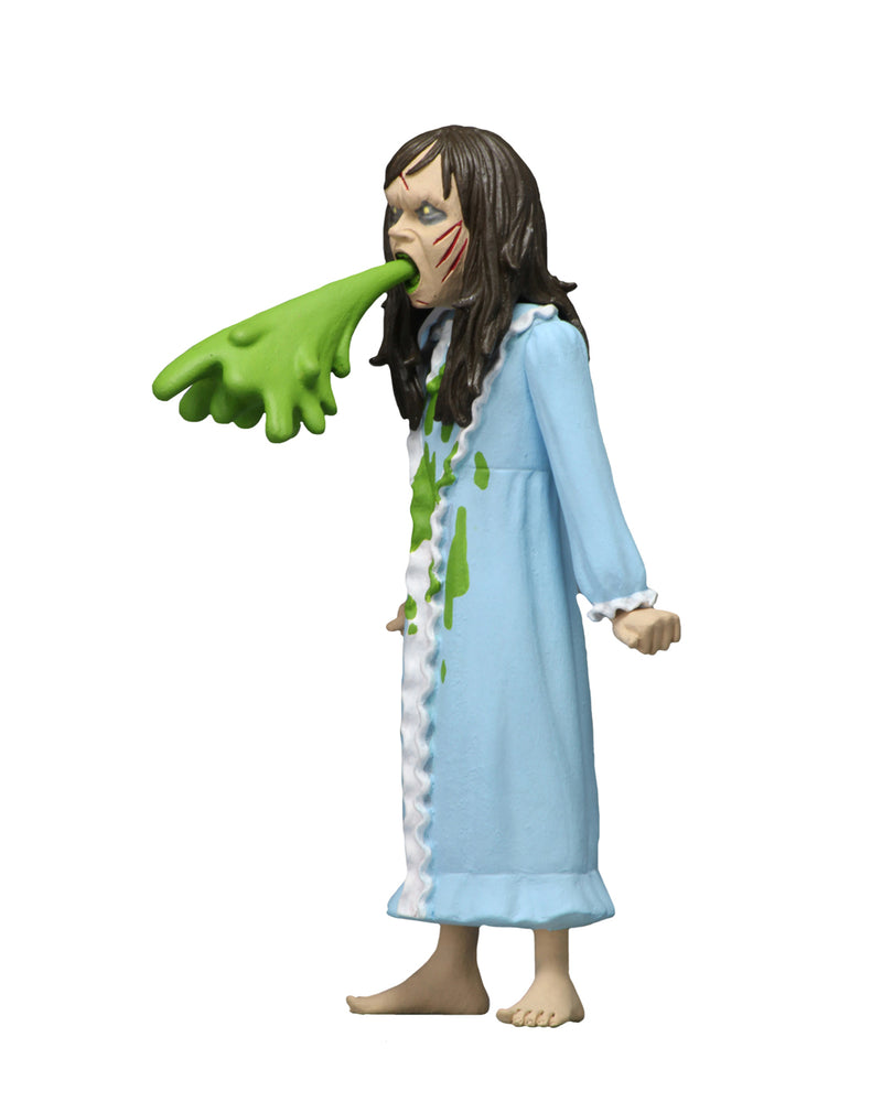 This is the Toony Terrors NECA action figure series 4 Regan from The Exorcist and she has a blue nightgown and she is vomiting green vomit and she has brown hair and cut on her face.