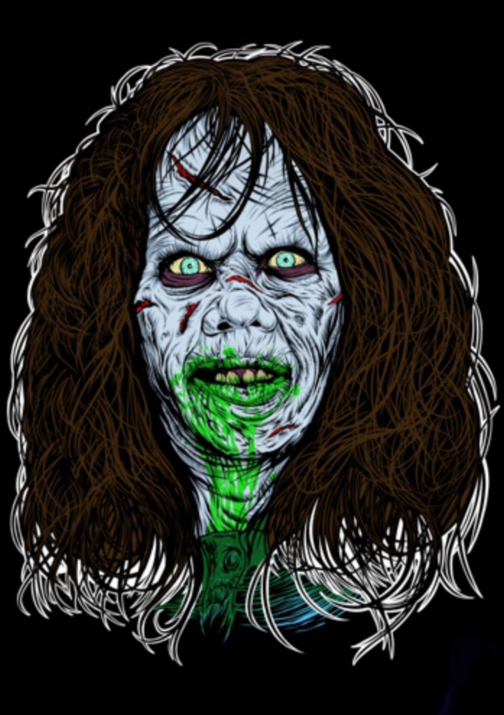 This is an Regan Exorcist sticker and she has brown hair, cuts on her face and green puke on her.
