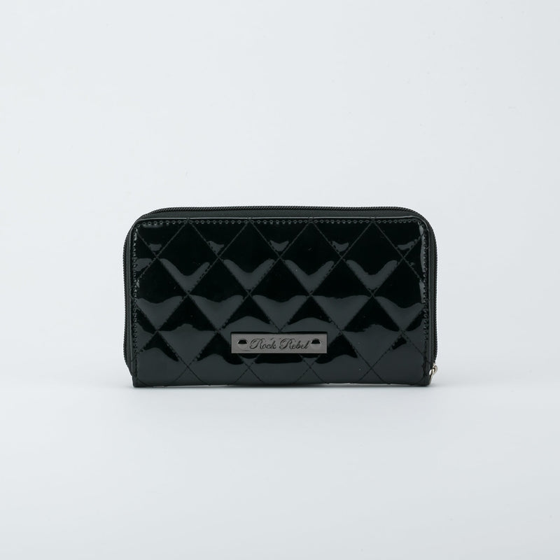 This is a vegan black Universal Monsters wallet that is shiny and quilted.