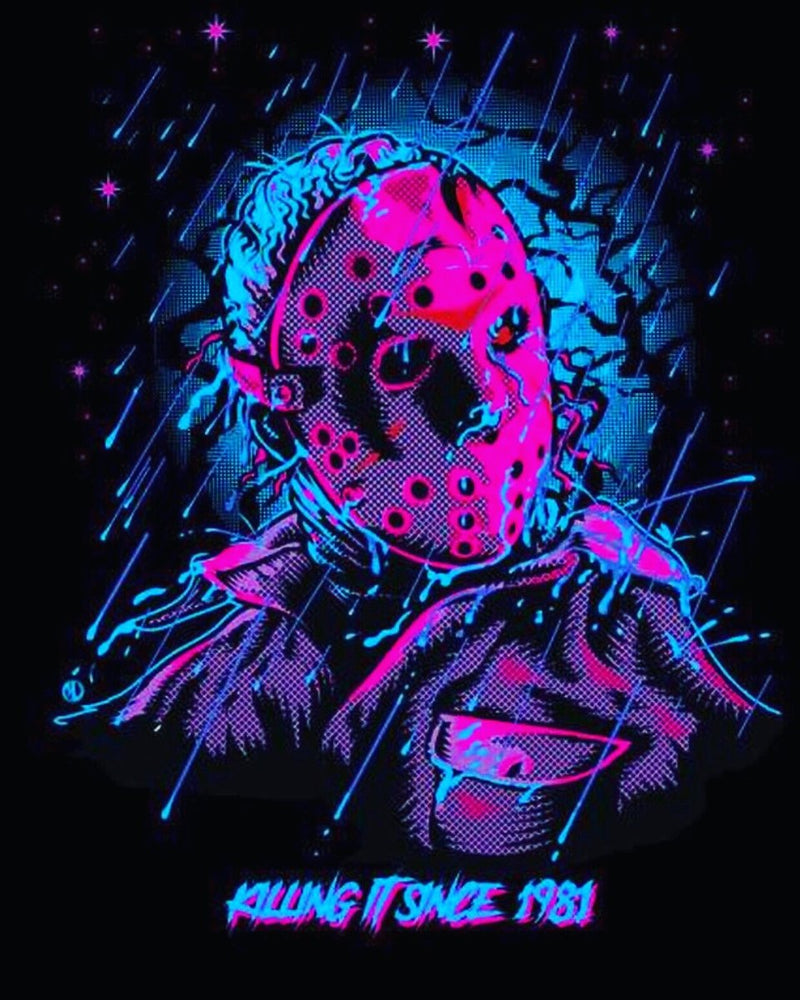This is a Friday the 13th Jason Voorhees sticker and he has a blue head, pink mask, pink and purple shirt and it is raining.