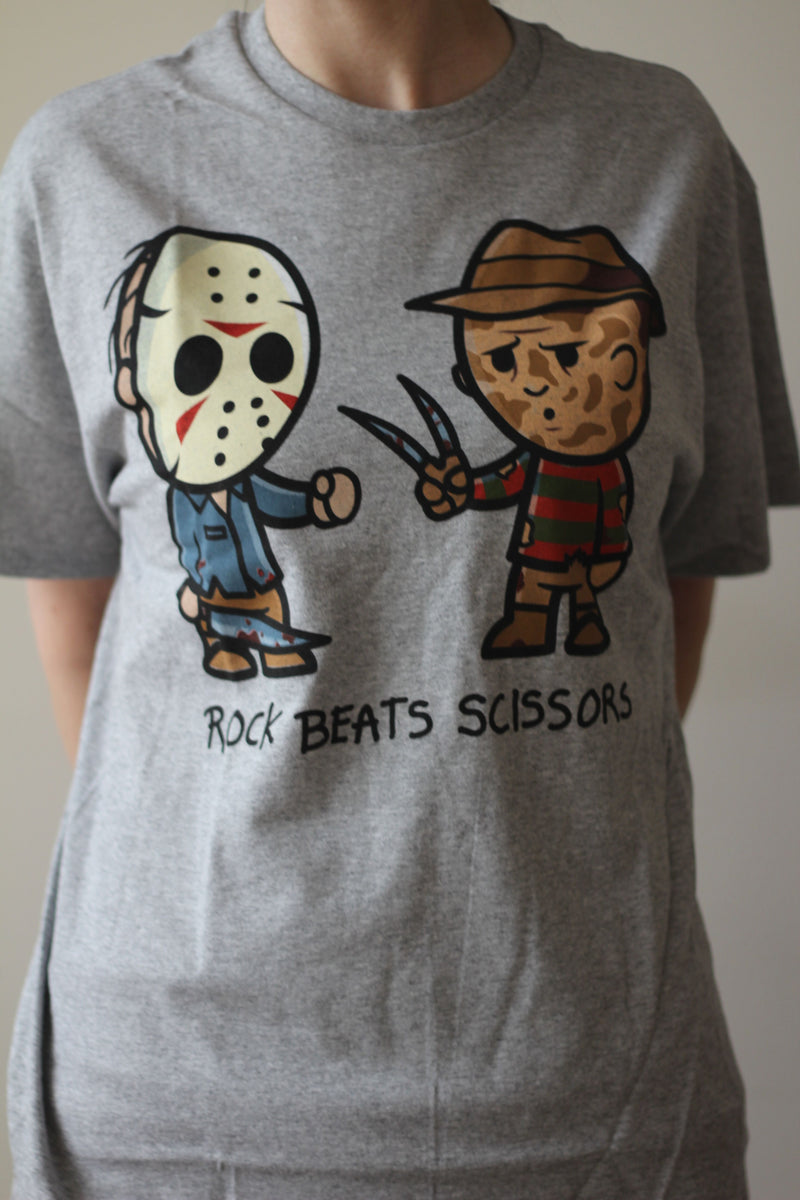 FRIDAY THE 13TH - Adult Rock Beats Scissors Jason And Freddy T-shirt, Men's-T-shirt-1-Classic Horror Shop
