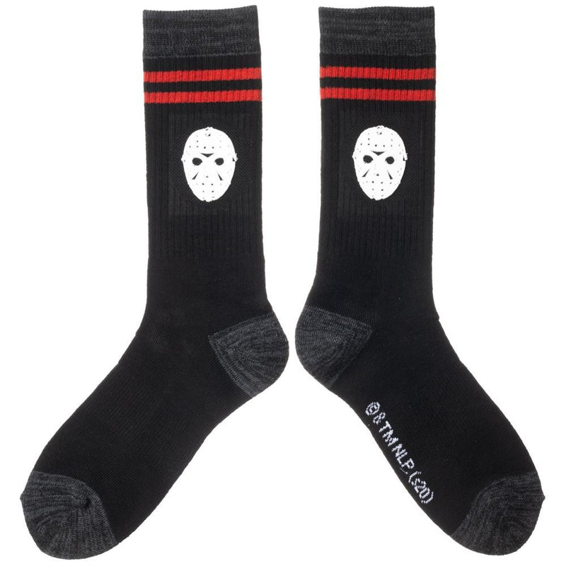 This is a pair of Friday the 13th Jason Voorhees crew socks and they are black with two red stripes and they have a white hockey mask on them.