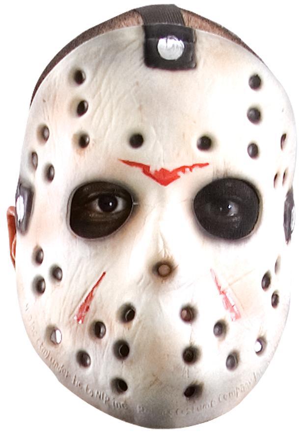 This is a Friday the 13th Jason Voorhees white hockey mask with red marks and three head straps.