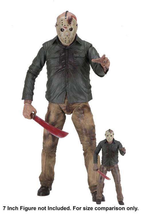 This is a NECA Jason Voorhees 1/4 scale action figure from Friday the 13th and he has a white hockey mask, green button up shirt, tan pants, black boots, bloody machete and he is in front of a smaller version for scale comparison..