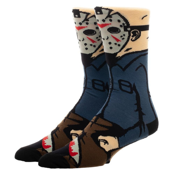 This is a pair of Friday the 13th Jason Voorhees socks and he has a white hockey mask, blue shirt, brown pants and a bloody machete.