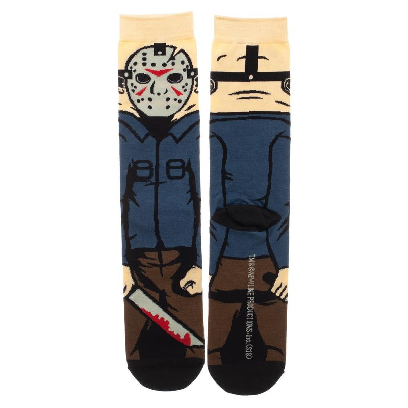 This is a pair of Friday the 13th Jason Voorhees 360 socks and he has a white hockey mask, blue shirt, brown pants and a bloody machete.