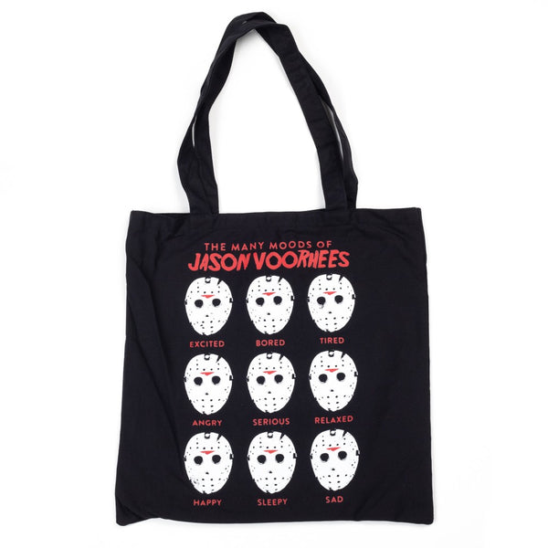 This is a Friday the 13th canvas tote and it is black with hockey masks with different moods.