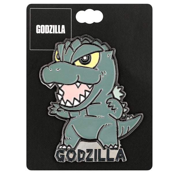 This is a Godzilla Chibi enamel pin and he is grey with yellow eyes and white pointy teeth.