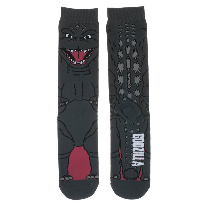 These are socks with Godzilla printed on them and he is green with pointy teeth and has a pointy spine.