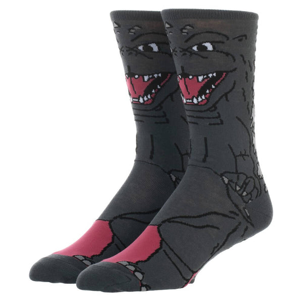 These are socks with Godzilla printed on them and he is grey with pointy teeth.