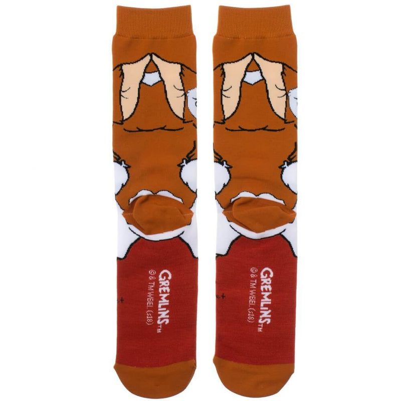 These are Gremlins Gizmo socks and he has big pink ears, a white stomach, brown fur and big black eyes and it is printed 360.