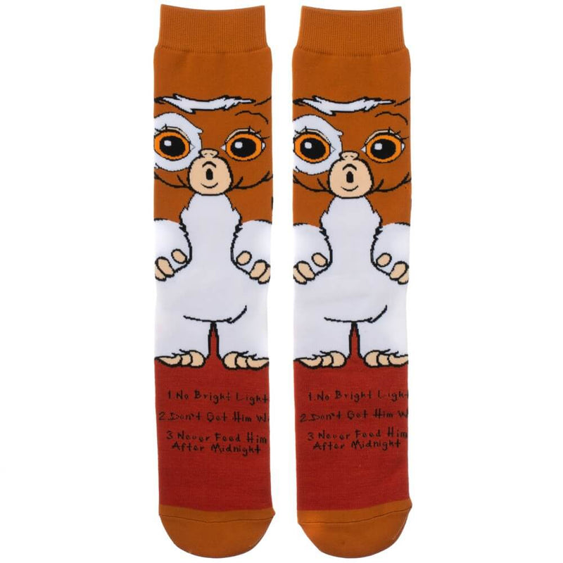 These are Gremlins Gizmo socks and he has big pink ears, a white stomach, brown fur and big black eyes.