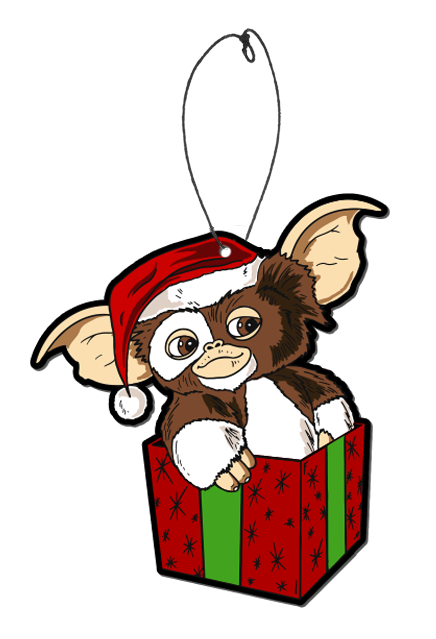 This is a Gizmo Gremlins air freshener and he has brown and white fir with a red hat with a white ball, while sitting in a red box with green ribbon.