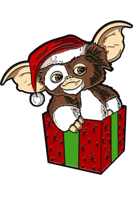 This is a Gizmo Gremlins enamel pin and he has brown and white fir with a red hat with a white ball, while sitting in a red box with green ribbon.