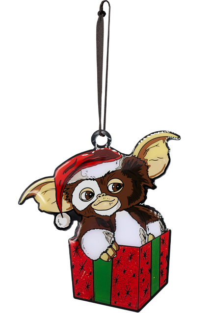 This is a Gizmo Gremlins ornament and he has brown and white fir with a red hat with a white ball, while sitting in a red box with green ribbon.