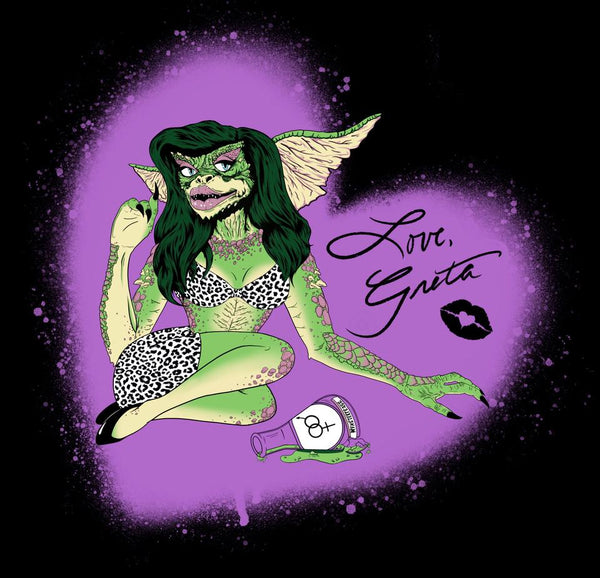 This is a Gremlins Greta heart sticker and she has green hair, a leopard bra and skirt, long black nails, with a purple background and poison bottle on the floor.