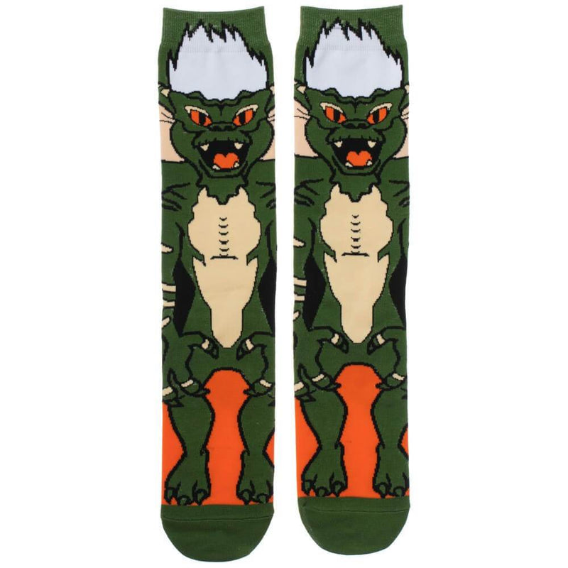 This is a pair of Gremlins Spike 360 printed socks and he is green with white spikey hair and orange eyes.