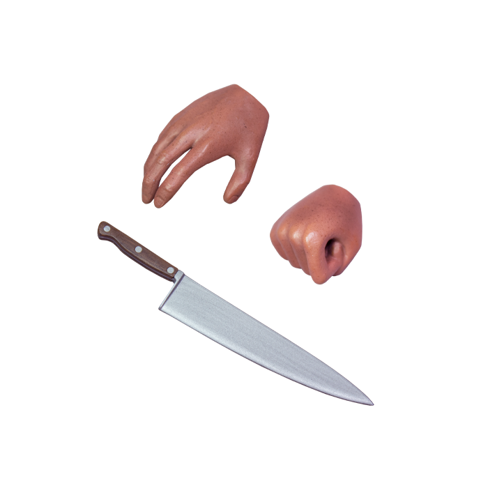 This is a Halloween 1978 Michael Myers action figure and it is an open hand, a closed fist and a silver knife with a brown handle.