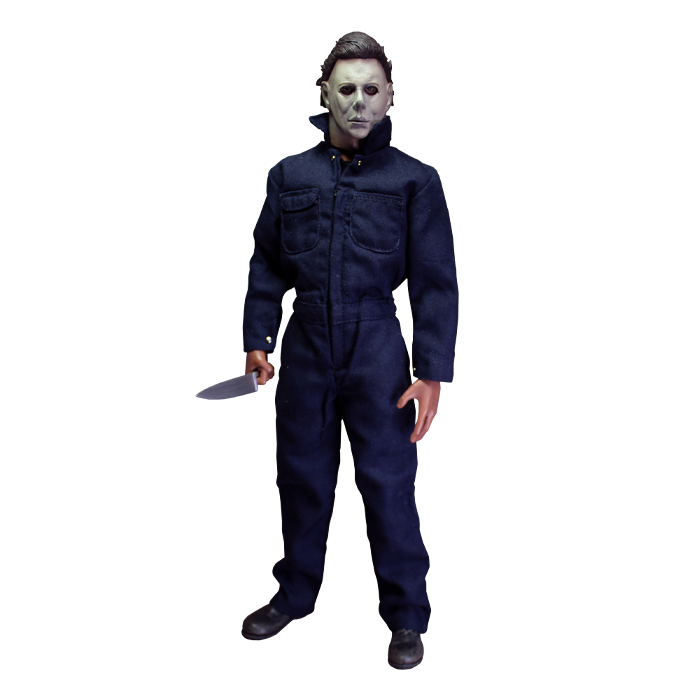 This is a Halloween 1978 Michael Myers action figure and he has a white face, brown hair, blue coveralls and he is holding a silver knife.