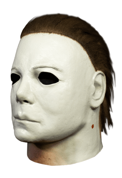 This is a Halloween 1978 Boogeyman Michael Myers Mask that is a white face, white ear, with brown hair and tan neck.