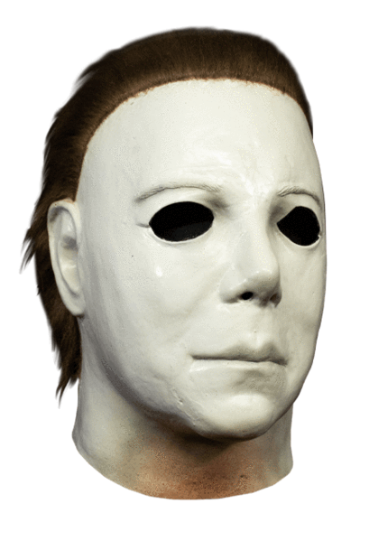 This is a Halloween 1978 Boogeyman Michael Myers Mask that is white, with brown hair and tan neck.